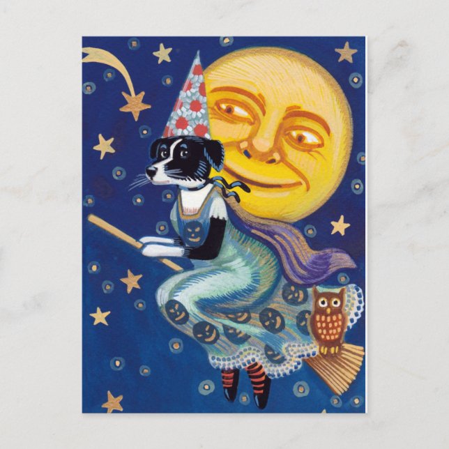 Glamorous Witch rides the Halloween Skies Postcard (Front)