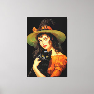 Glamorous Witch Vintage Halloween Pin-up Art Canvas Print