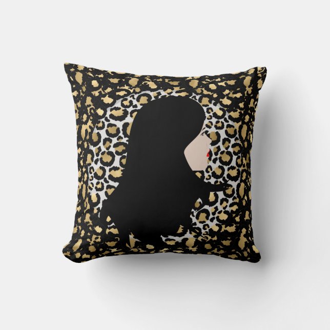 Glamorous Woman on Two-Tone Leopard Print Throw Pillow (Front)