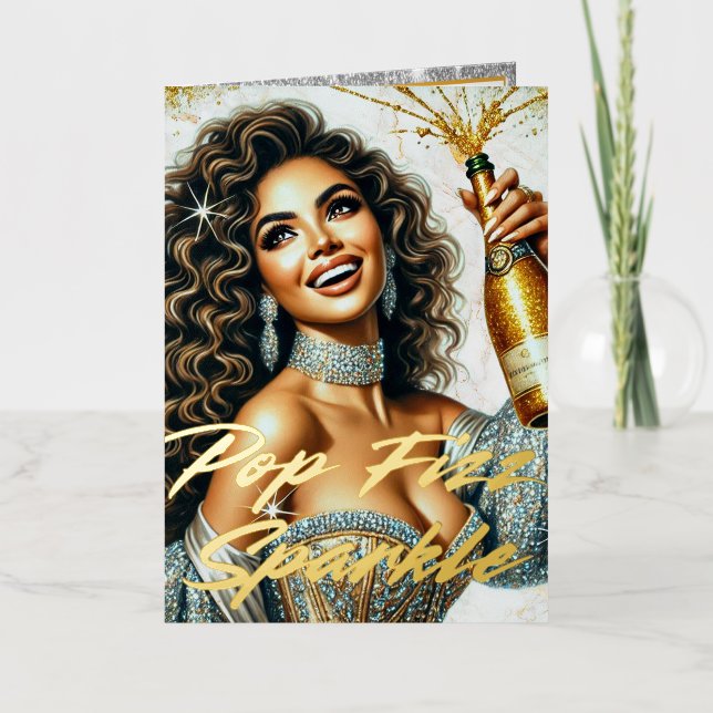 Glamorous Woman Popping Champagne Birthday  Foil Greeting Card (Front)