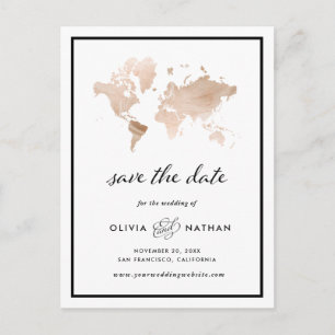 Glamorous World Map Elegant Travel Save the Date Announcement Postcard