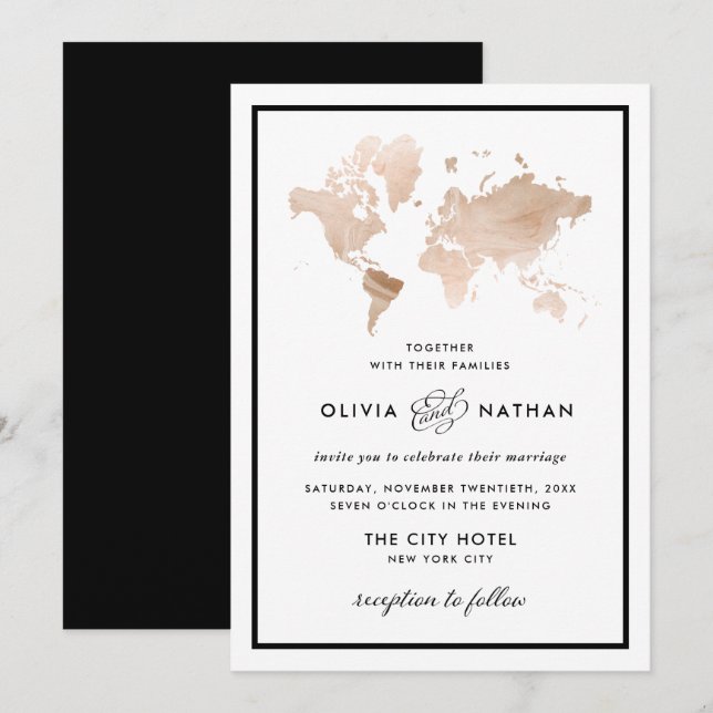 Glamorous World Map | Elegant Travel Theme Wedding Invitation (Front/Back)