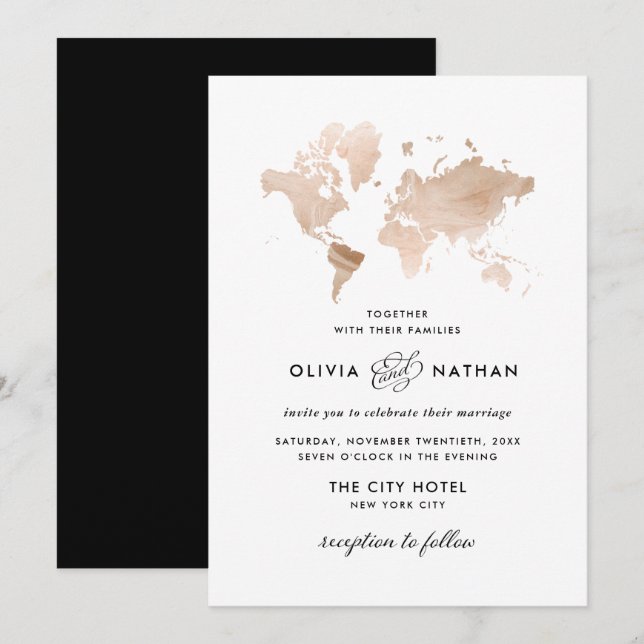 Glamorous World Map | Elegant Travel Theme Wedding Invitation (Front/Back)