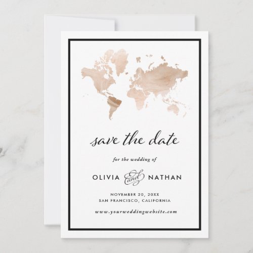 Glamorous World Map  Elegant Travel Theme Wedding Save The Date