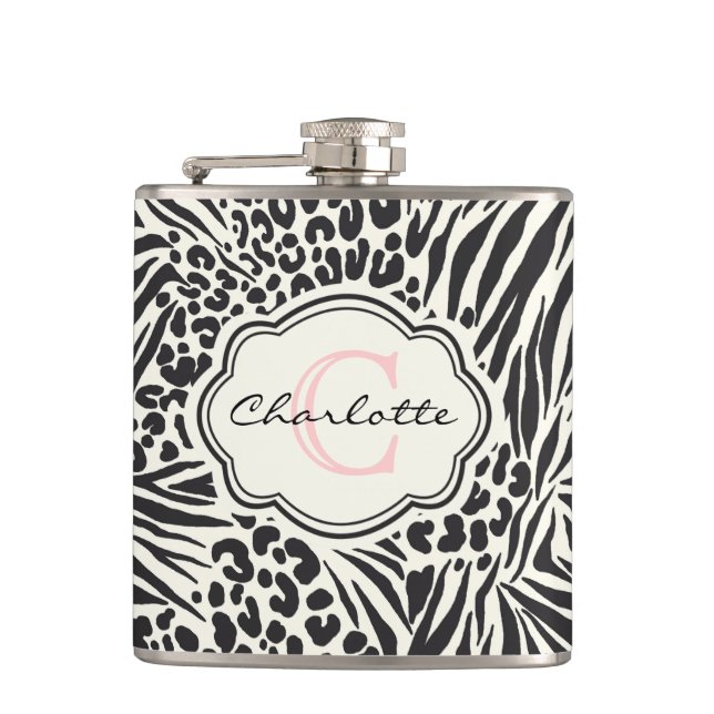 Glamorous Zebra Leopard Custom Monogram Flask (Front)