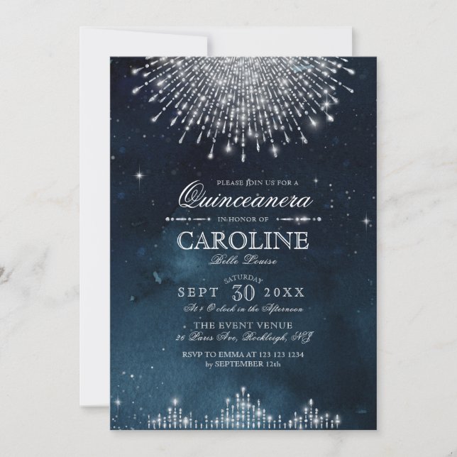 Glamour Art Deco Blue Quinceanera Invitation (Front)