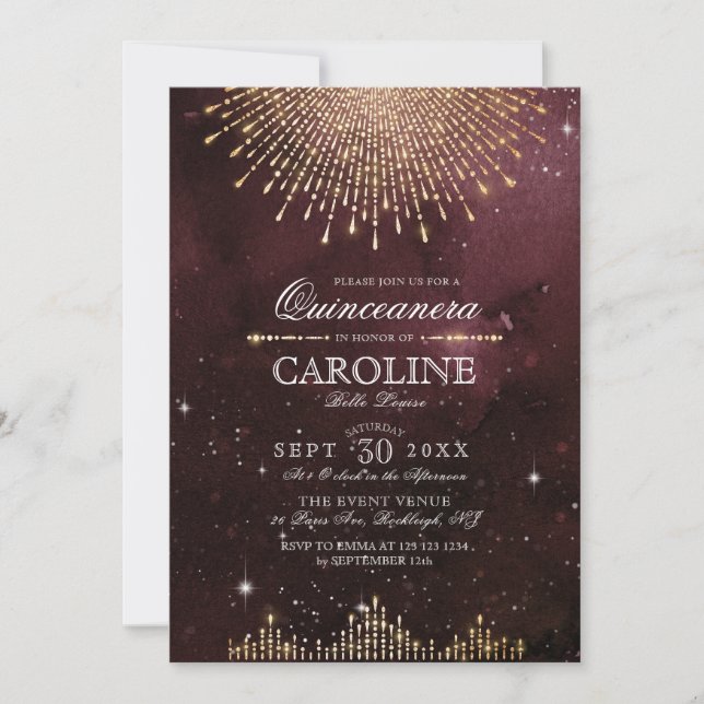 Glamour Art Deco Burgundy Quinceanera Invitation (Front)