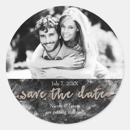 Glamour Black  Gold Chic Save The Date Photo Classic Round Sticker
