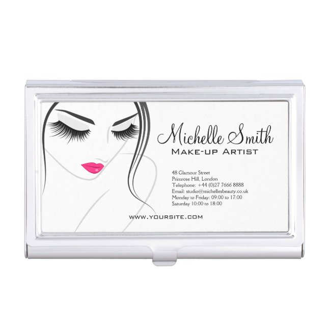 Glamour Black White Pink Lashes Makeup and Beauty  Business Card Holder (Front)