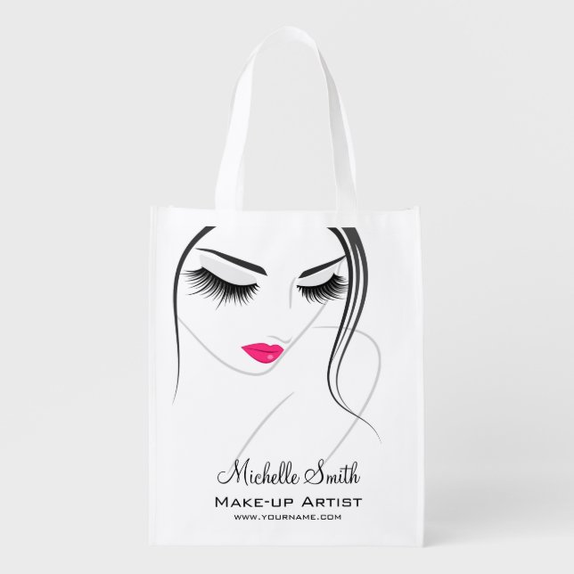 Glamour Black White Pink Lashes Makeup and Beauty  Reusable Grocery Bag (Front)
