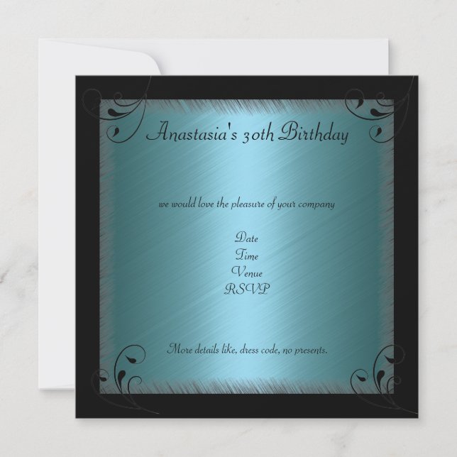 Glamour Blue Black Floral Birthday Party Invitation (Front)