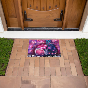 Glamour Bunny Rabbit Purple Pink Whimsical Floral Doormat
