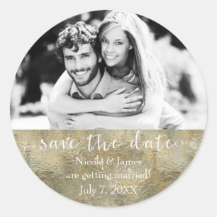 Glamour Chic Gold Faux Foil Save The Date Photo Classic Round Sticker