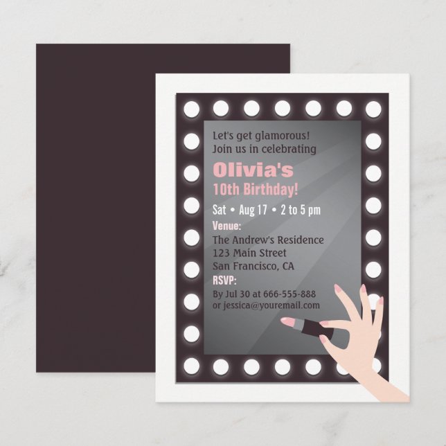 Glamour Chic Lights Makeup Girls Birthday Party Invitation (Front/Back)