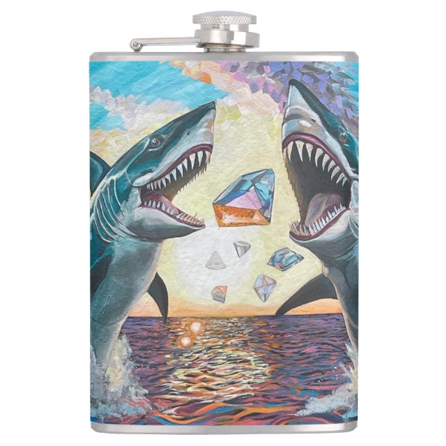 Glamour Chomp-Shark Breaching for Shiny Gems- Golf Flask (Front)