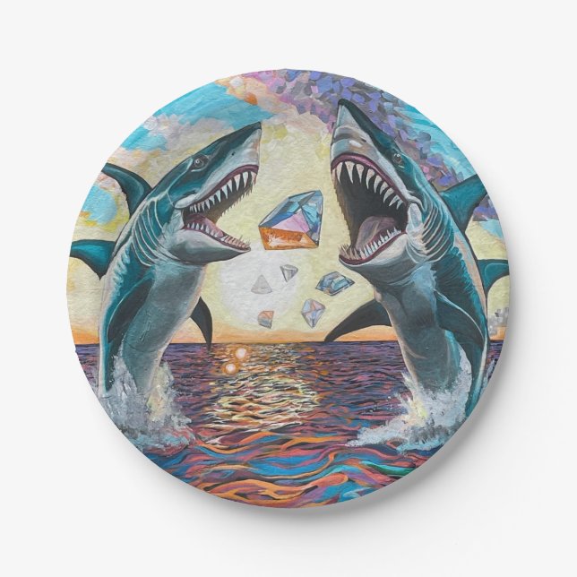 Glamour Chomp-Shark Breaching for Shiny Gems- Paper Plates (Front)