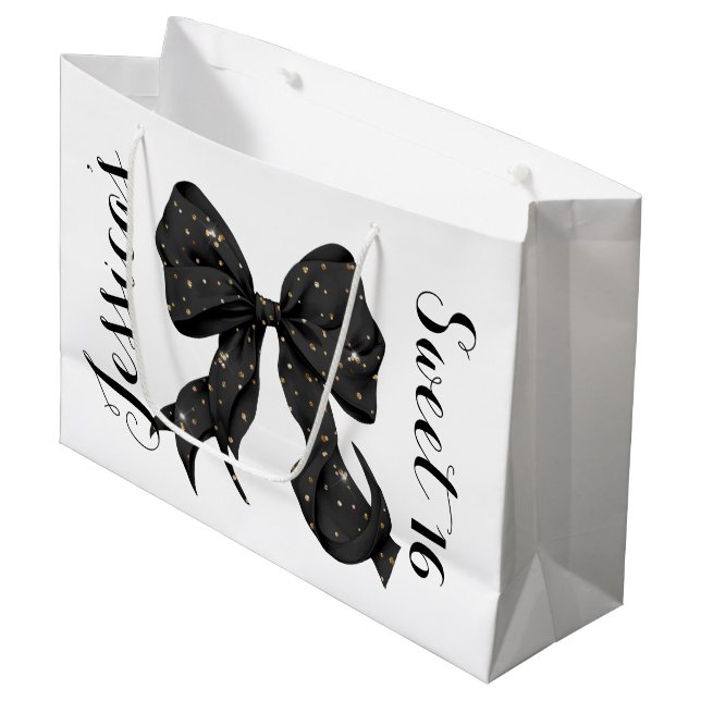 Glamour Coquette Black/Gold Bow Large Gift Bag (Front Angled)