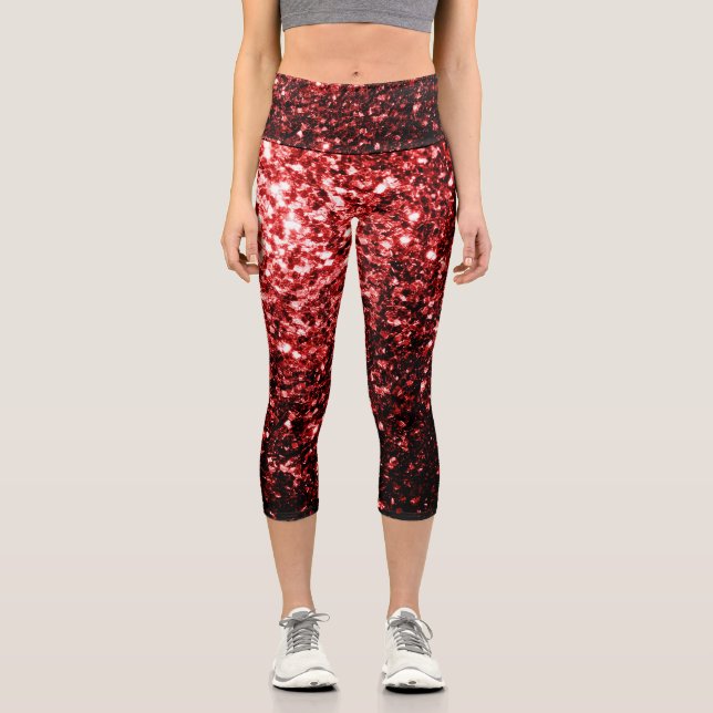 Glamour Dark Red Glitter sparkles Capri Leggings (Front)