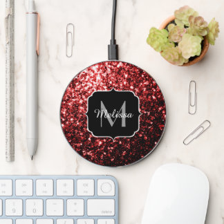 Glamour Dark Red Glitter sparkles Monogram Wireless Charger