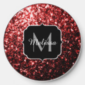 Glamour Dark Red Glitter sparkles Monogram Wireless Charger (Front)