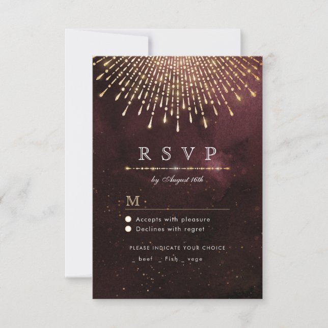 Glamour Deco Burgundy Vintage wedding RSVP Card (Front)
