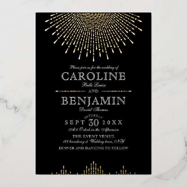 Glamour Deco Gold Black Vintage wedding Foil Invitation (Front)