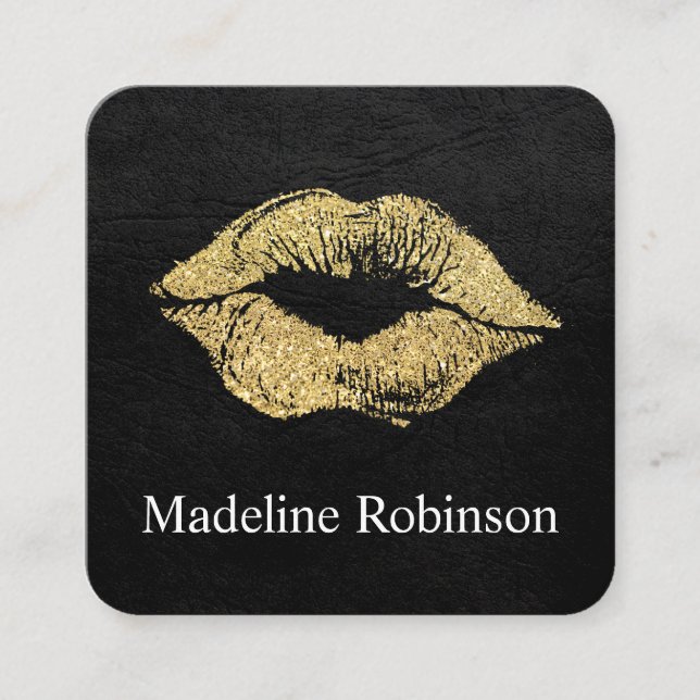 Glamour Faux Gold Glitter Kiss Square Business Card (Front)