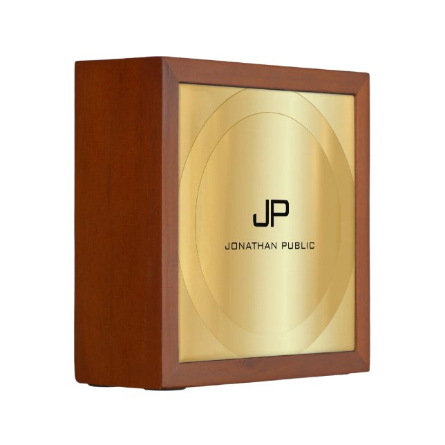 Glamour Faux Gold Monogram Modern Template Desk Organizer (Left)