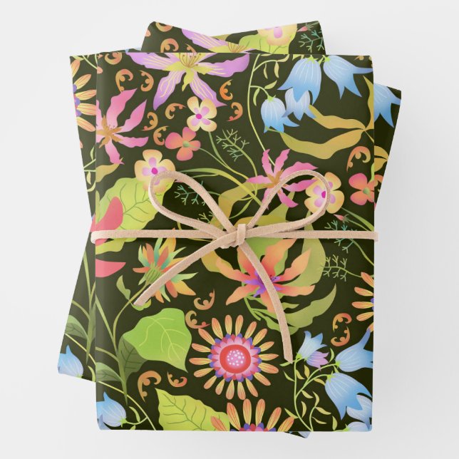Glamour Floral Black Wrapping Paper Sheets (In situ)