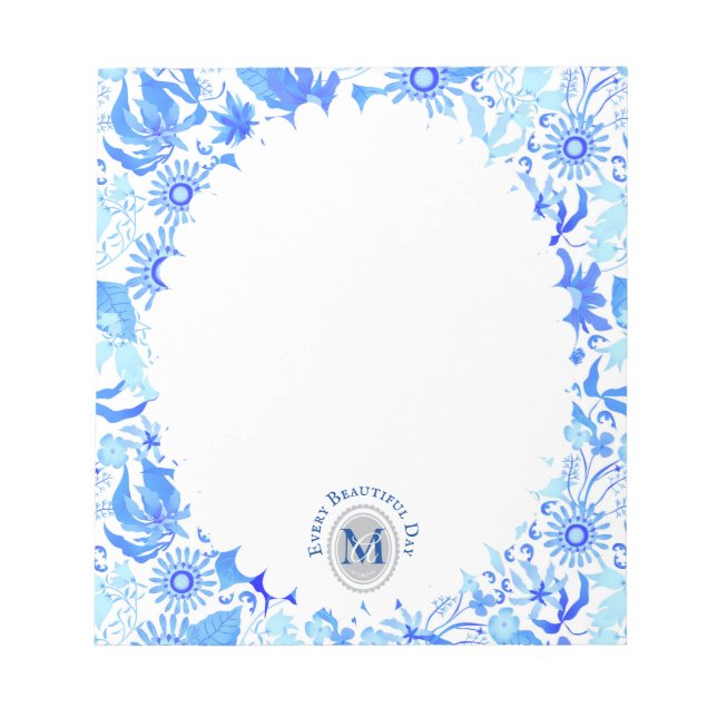 Glamour Floral Chic Blue White Notepad (Front)