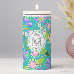 Glamour Floral Teal Pillar Candle