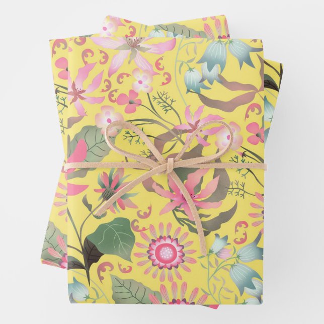 Glamour Floral Yellow Wrapping Paper Sheets (In situ)
