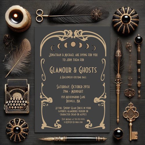 Glamour  Ghosts Art Deco Gold  Black Halloween Invitation