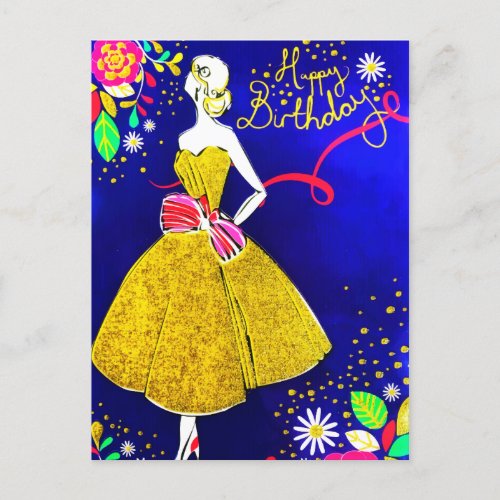 Glamour Girl Floral Gold Birthday Party Glitter Announcement Postcard