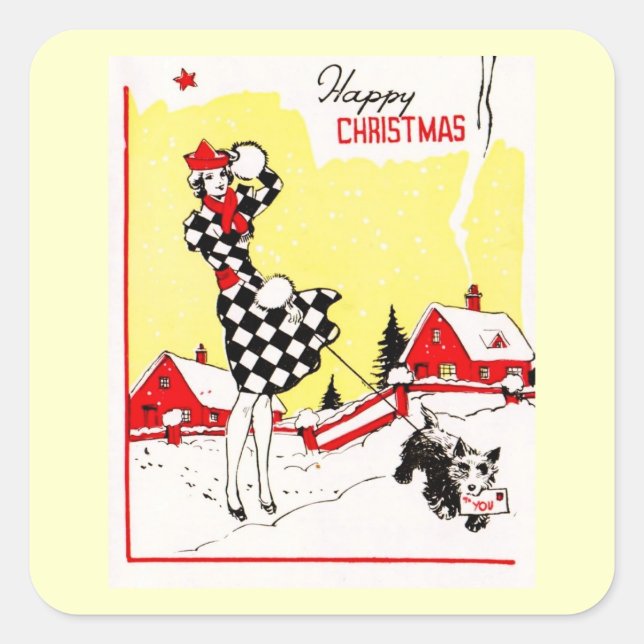 Glamour Girl with Scotty Dog Greetings Square Sticker (Front)