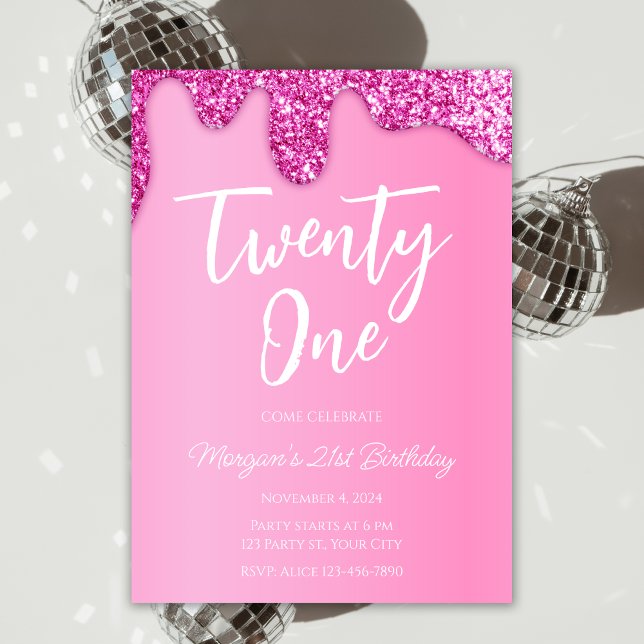 Glamour Girly Pink Glitter 21st Birthday Party Invitation (Creator Uploaded)