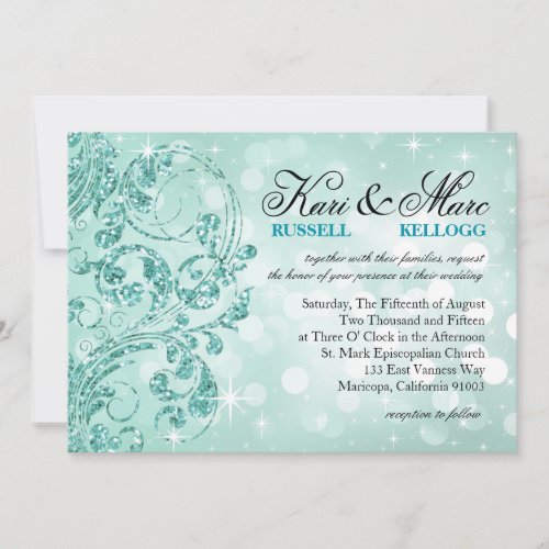 Glamour Glitter Luxe Bokeh Wedding  mint Invitation