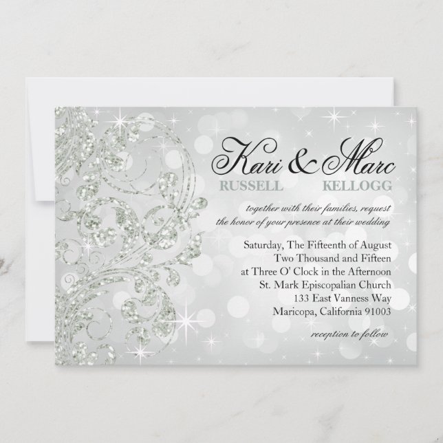 Glamour Glitter Luxe Bokeh Wedding | silver ice Invitation (Front)