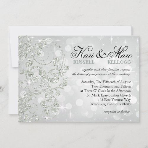 Glamour Glitter Luxe Bokeh Wedding  silver ice Invitation