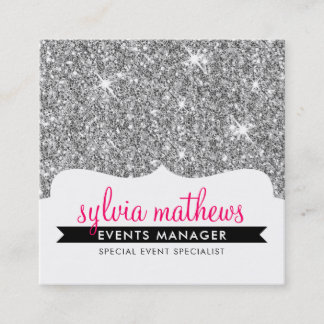 GLAMOUR GLITTER modern stylish silver sparkle pink Square Business Card