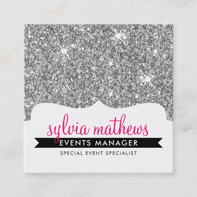 GLAMOUR GLITTER modern stylish silver sparkle pink Square Business Card (Front)
