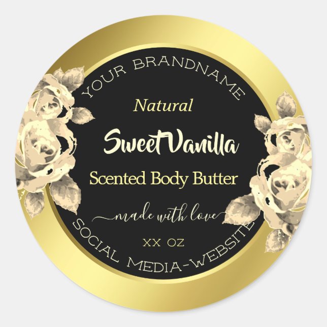 Glamour Gold Black Floral Product Packaging Labels (Front)