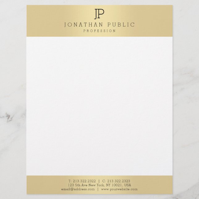Glamour Gold Color White Elegant Monogram Template Letterhead (Front)