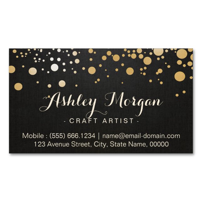 Glamour Gold Dots Decor - Stylish Dark Linen Look Business Card Magnet (Front)