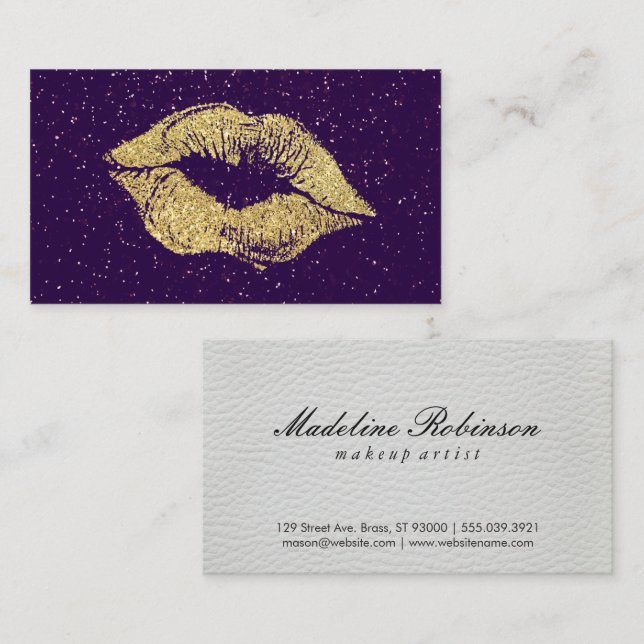 Glamour Gold Glitter Kiss Leather Business Card (Front/Back)