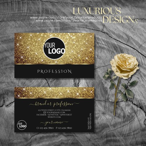 Glamour Gold Glitter Sparkle Stars and Logo Black Business Card