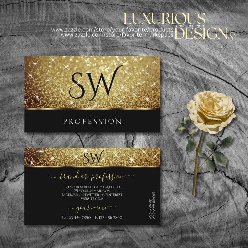 Glamour Gold Glitter Sparkle Stars Monogram Black Business Card
