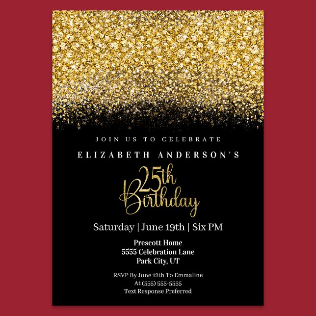 Glamour Gold Jeweled Glitter 25th Birthday Invitation (Creator Uploaded)
