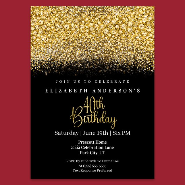 Glamour Gold Jeweled Glitter 40th Birthday Invitation (Creator Uploaded)