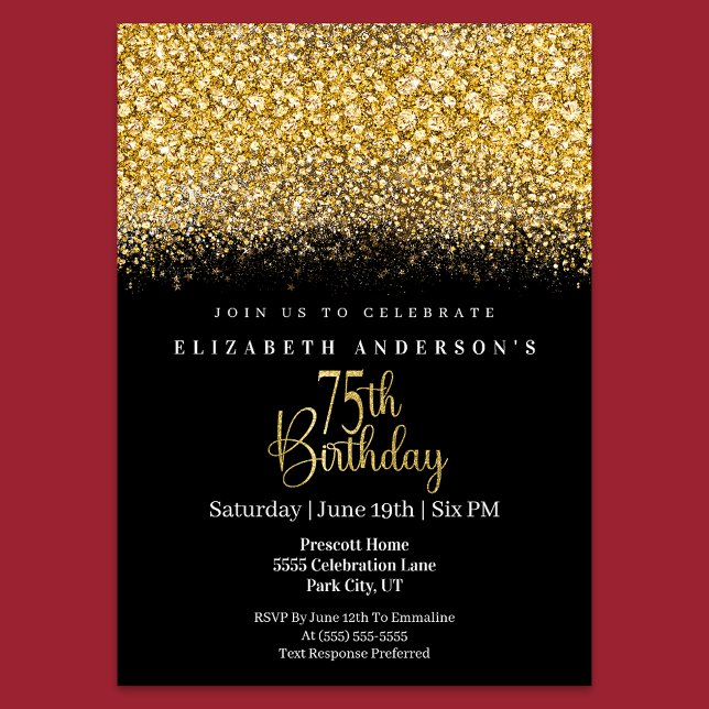 Glamour Gold Jeweled Glitter 75th Birthday Invitation (Creator Uploaded)